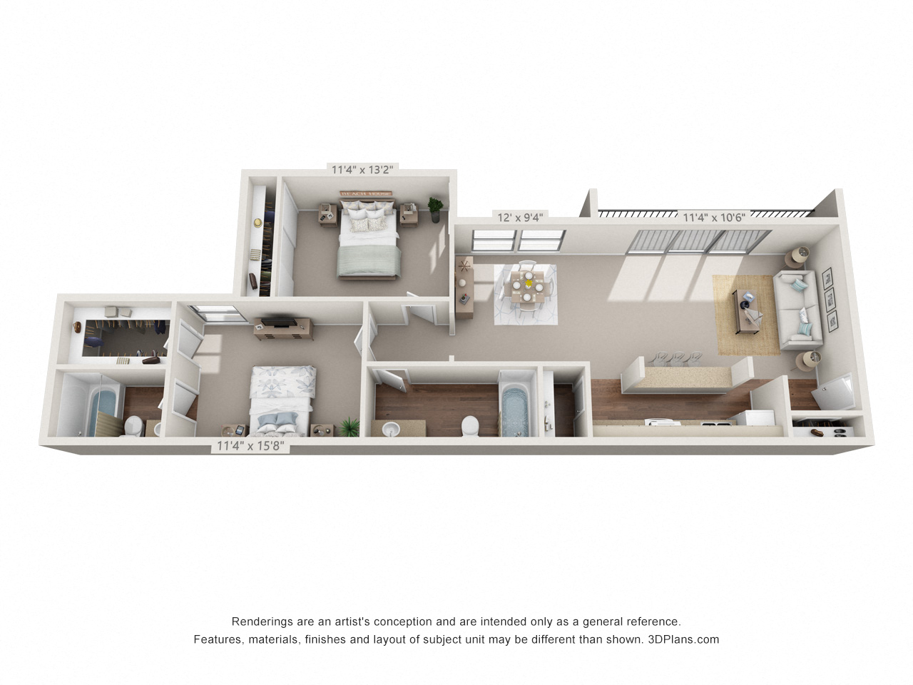 Floor plan for 2 beds, 2 baths, 1007 sqft