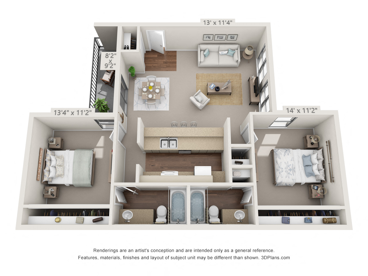 Floor plan for 2 beds, 2 baths, 991 sqft