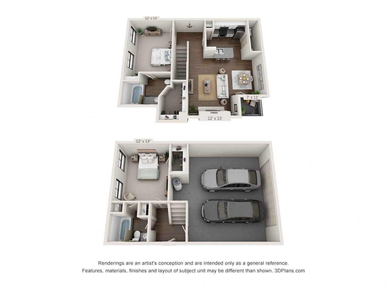 Floor plan for 2 beds, 2 baths, 1071 sqft