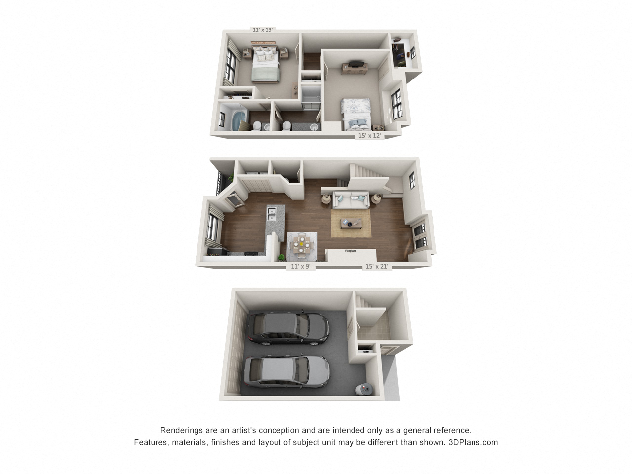 Floor plan for 2 beds, 2.5 baths, 1320 sqft