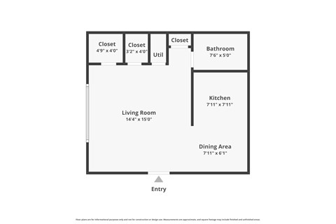 Floor plan for studio, 1 bath, 490 sqft