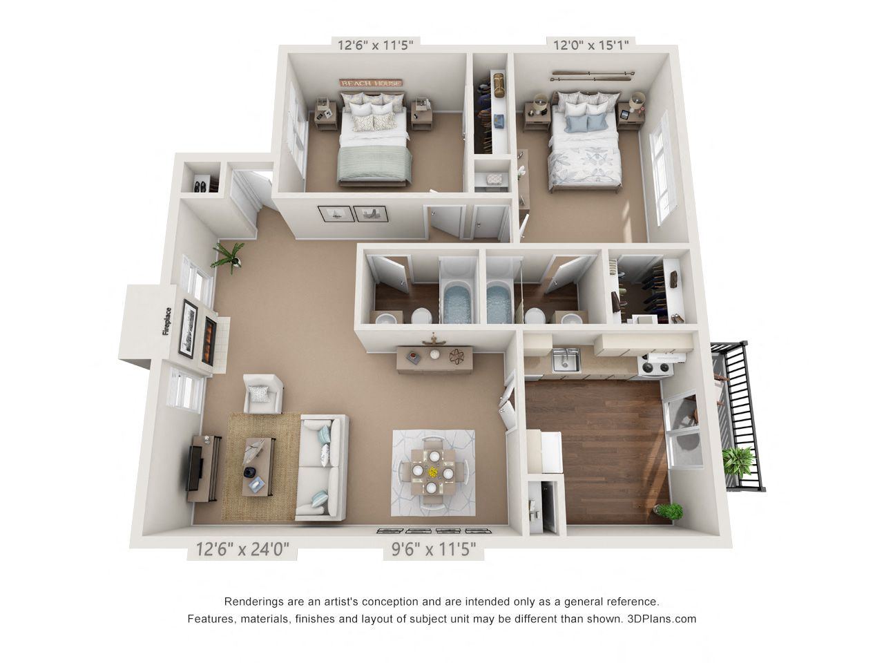 Floor plan for 2 beds, 2 baths, 1009 sqft