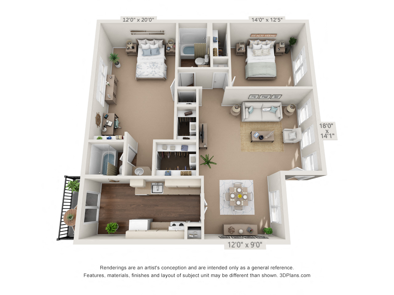 Floor plan for 2 beds, 2 baths, 1116 sqft