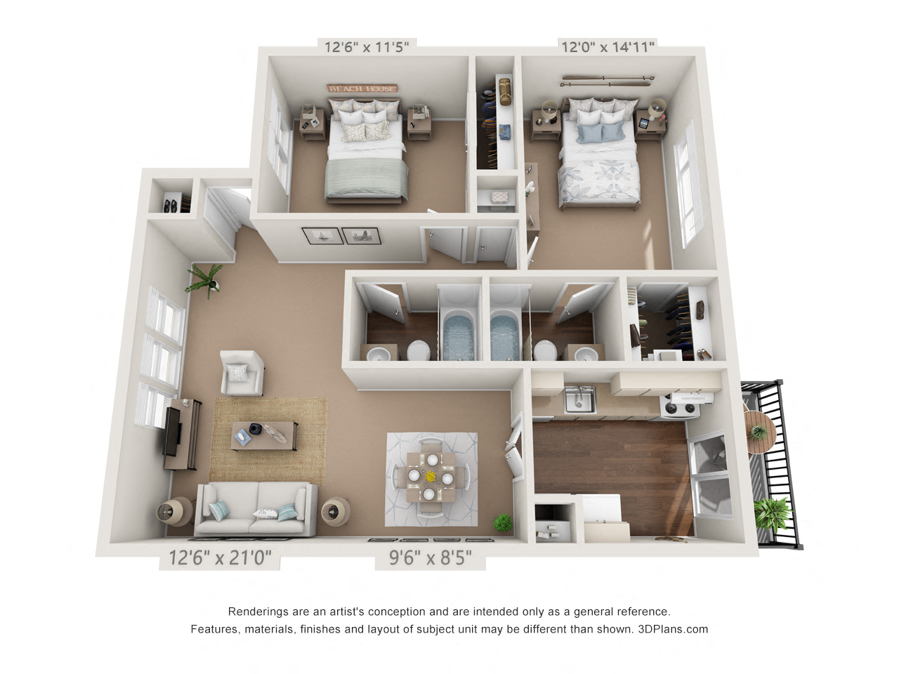 Floor plan for 2 beds, 2 baths, 946 sqft