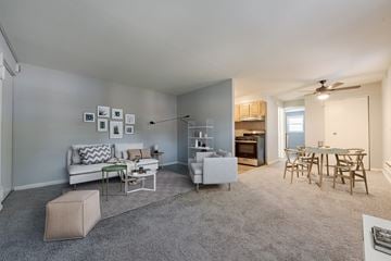 Philadelphia apartment for rent - A living room with a white couch and a grey rug.