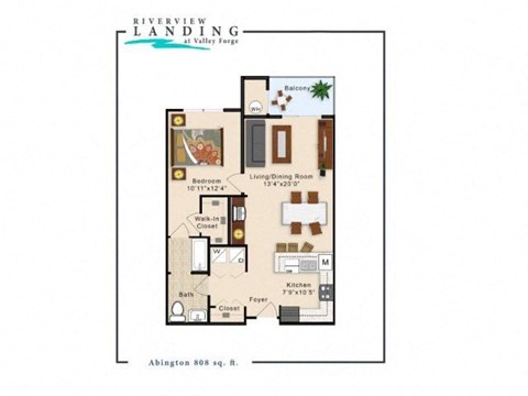 Floor plan for 1 bed, 1 bath, 808 sqft