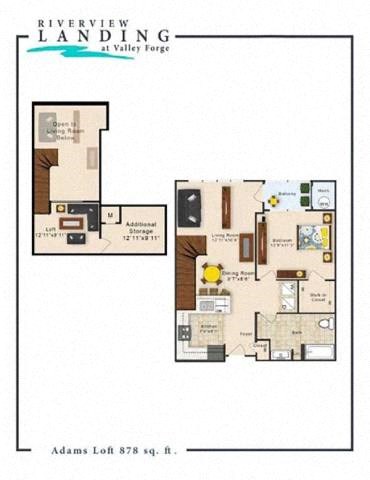 Floor plan for 1 bed, 1 bath, 878 sqft