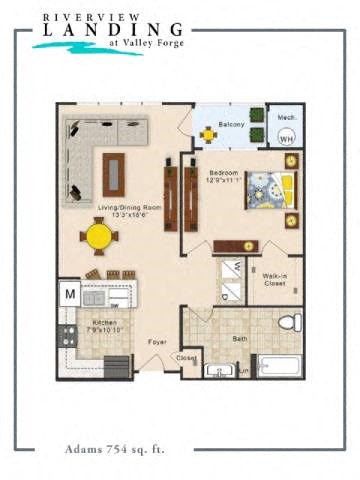 Floor plan for 1 bed, 1 bath, 754 sqft