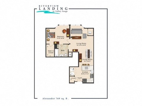 Floor plan for 1 bed, 1 bath, 769 sqft