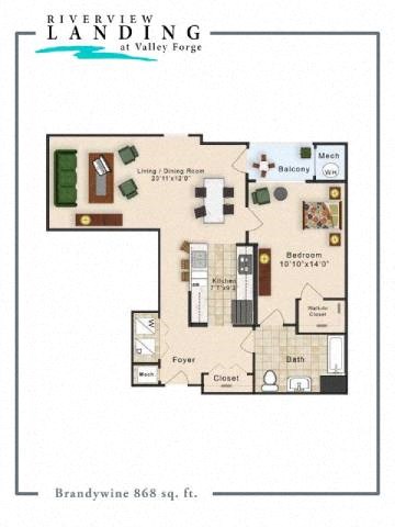 Floor plan for 1 bed, 1 bath, 868 sqft