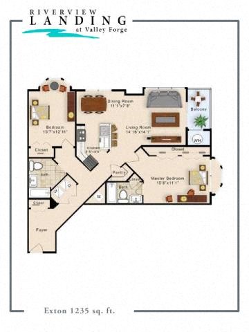 Floor plan for 2 beds, 2 baths, 1235 sqft