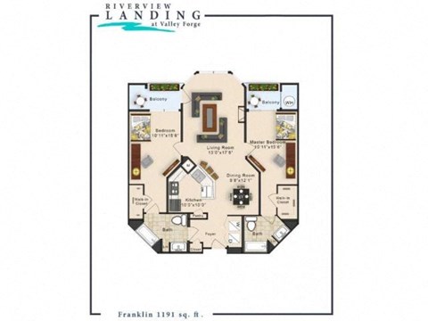 Floor plan for 2 beds, 2 baths, 1191 sqft