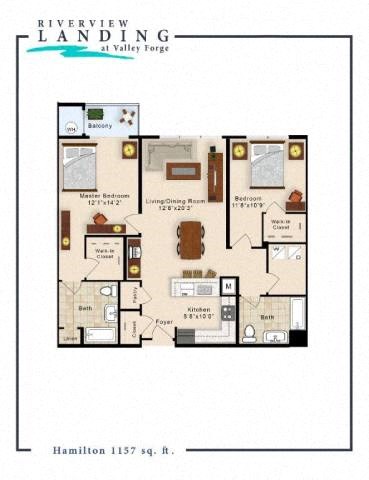 Floor plan for 2 beds, 2 baths, 1157 sqft