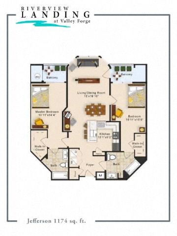 Floor plan for 2 beds, 2 baths, 1174 sqft