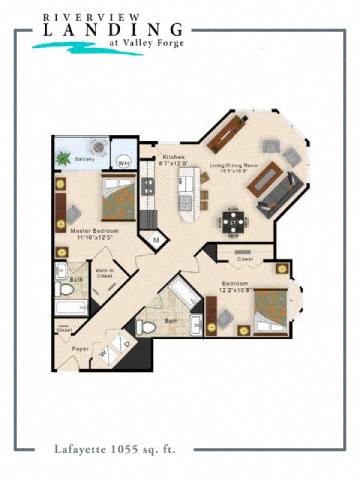 Floor plan for 2 beds, 2 baths, 1055 sqft