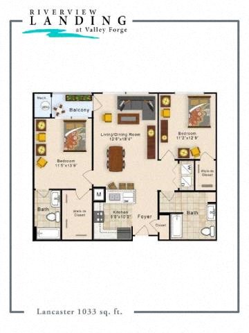 Floor plan for 2 beds, 2 baths, 1033 sqft