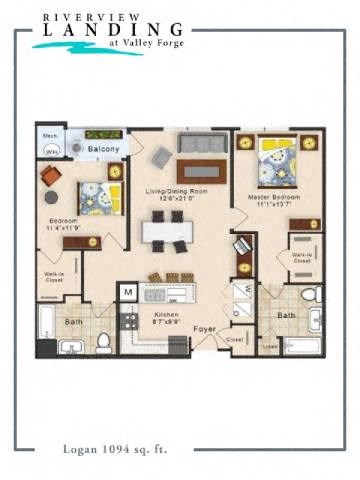 Floor plan for 2 beds, 2 baths, 1094 sqft