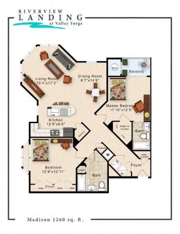 Floor plan for 2 beds, 2 baths, 1260 sqft