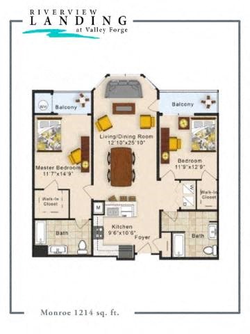 Floor plan for 2 beds, 2 baths, 1214 sqft