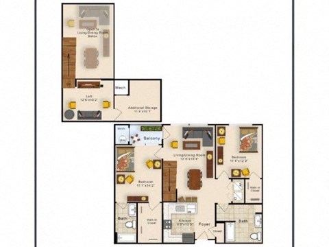 Floor plan for 2 beds, 2 baths, 1155 sqft