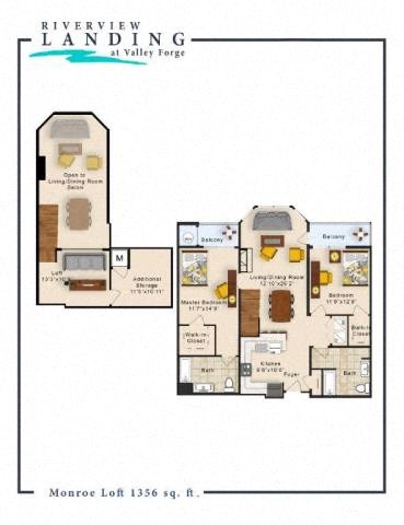 Floor plan for 2 beds, 2 baths, 1347 sqft