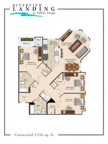 Floor plan for 3 beds, 2 baths, 1336 sqft