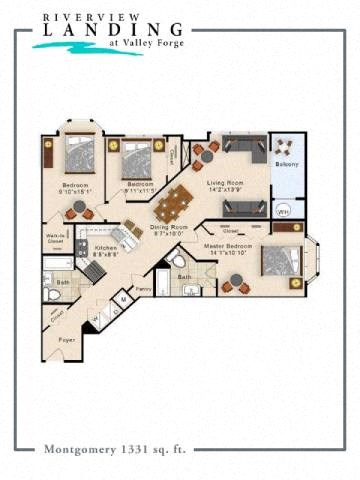 Floor plan for 3 beds, 2 baths, 1331 sqft