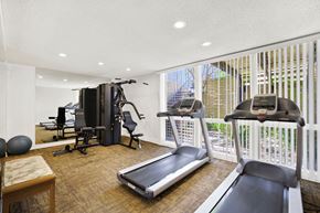 Torrance apartment for rent - a gym with exercise equipment and a large window at Casa Del Amo Apartments, California, 90505