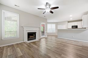 Wake Forest apartment for rent - A living room with a fireplace and a ceiling fan.