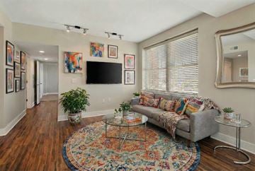 Fayetteville townhouse for rent - A living room with a grey couch and a rug.
