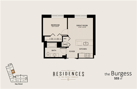 Floor plan for 1 bed, 1 bath, 555 sqft