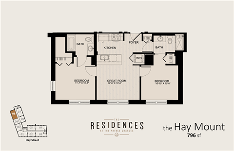 Floor plan for 2 beds, 2 baths, 796 sqft