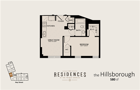 Floor plan for 1 bed, 1 bath, 580 sqft