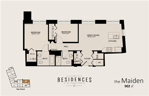 Floor plan for 2 beds, 2 baths, 902 sqft