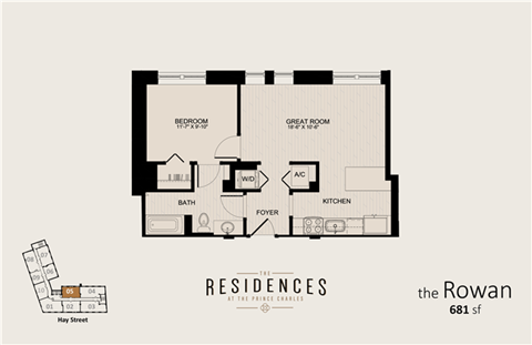 Floor plan for 1 bed, 1 bath, 681 sqft
