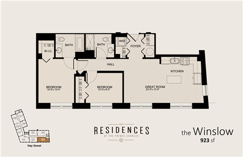 Floor plan for 2 beds, 2 baths, 923 sqft