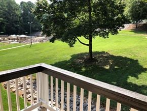 Raleigh townhouse for rent - A tree stands in a grassy area next to a wooden railing.