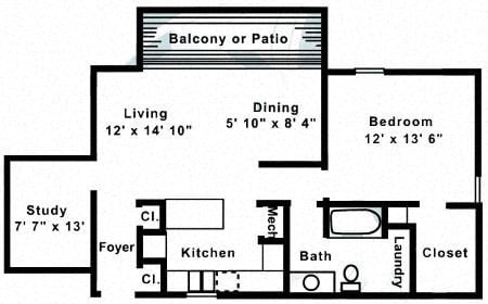 Floor plan for 1 bed, 1 bath, 841 sqft