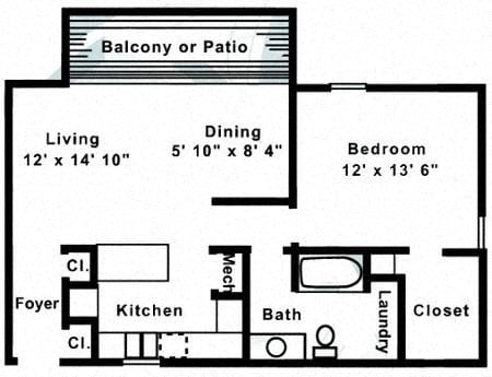 Floor plan for 1 bed, 1 bath, 735 sqft