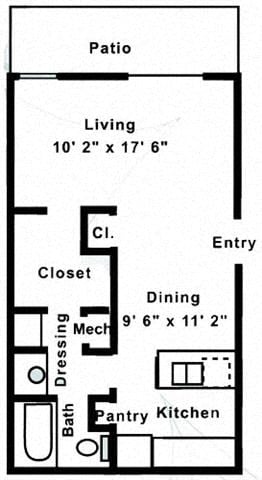 Floor plan for studio, 1 bath, 563 sqft