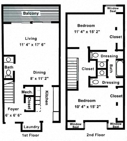 Floor plan for 2 beds, 1.5 baths, 1206 sqft