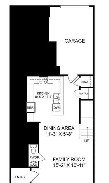 Raleigh townhouse for rent - A floor plan of a house with a garage, kitchen, dining area, and family room.