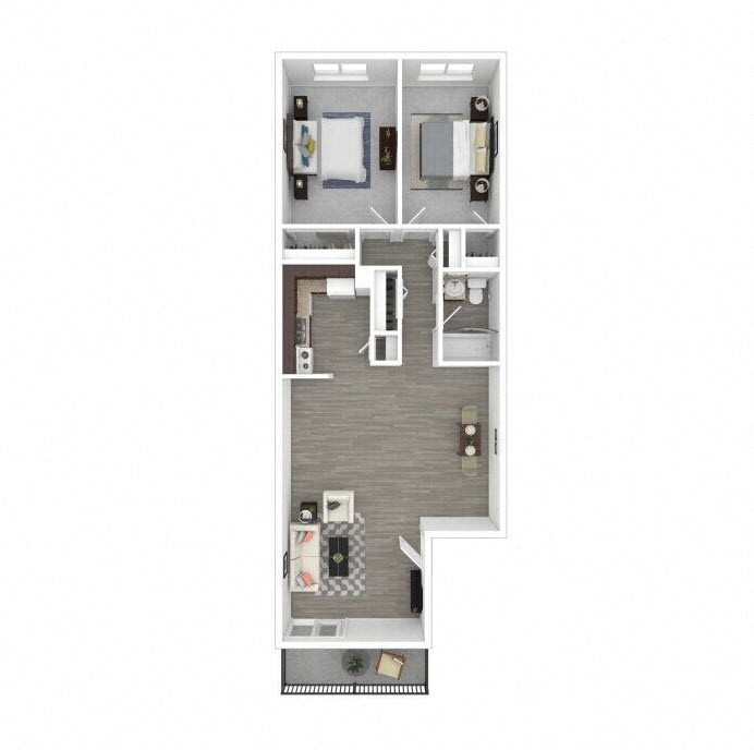 Floor plan for 2 beds, 1 bath, 950 sqft