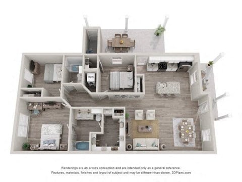 Floor plan for 3 beds, 2 baths, 1275 sqft