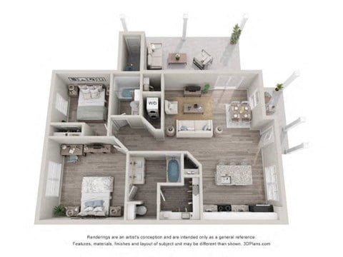 Floor plan for 2 beds, 2 baths, 985 sqft