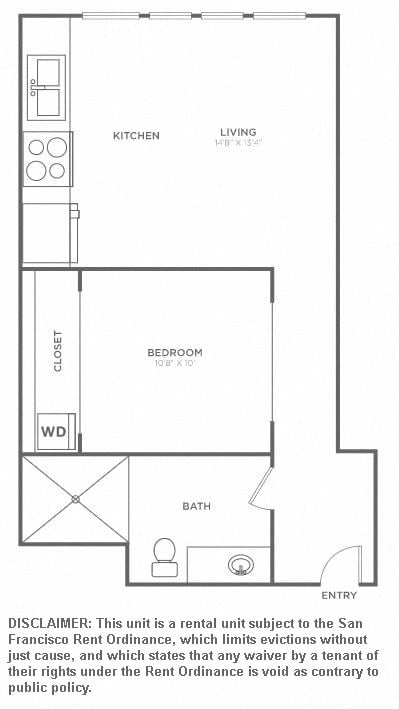 Floor plan for 1 bed, 1 bath, 603 sqft