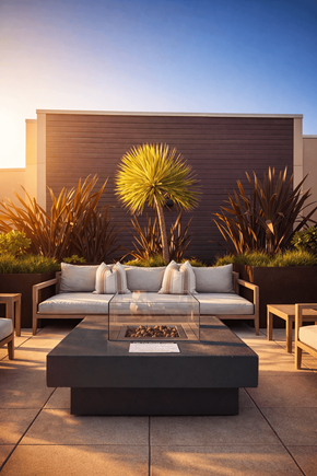 San Francisco apartment for rent - A modern outdoor seating area with a white couch and a fire pit.