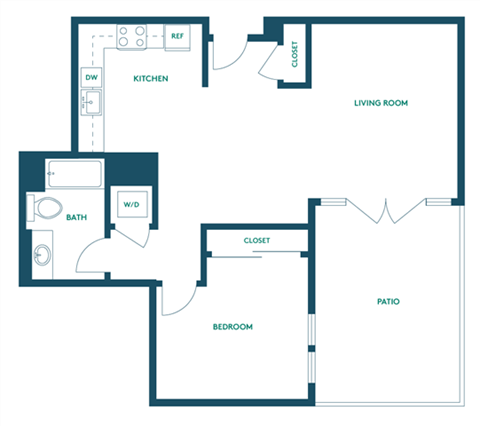 Floor plan for 1 bed, 1 bath, 755 sqft