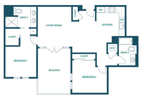 Floor plan for 2 beds, 2 baths, 1052 sqft