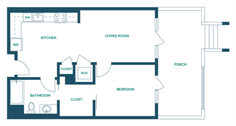 Floor plan for 1 bed, 1 bath, 591 sqft